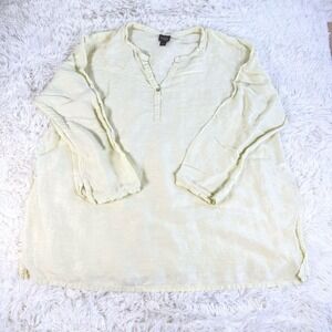 Eileen Fisher 2XL Linen Silk Henley Tunic  Gauze Shirt Yellow Lightweight Boho